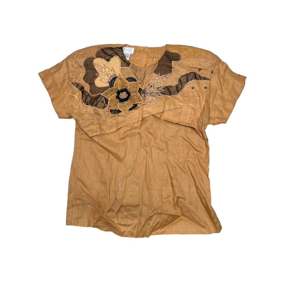 Vtg NOS Anne French Artsy Art to Wear Embellished 100% Ramie Blouse SZ 10 Wheat